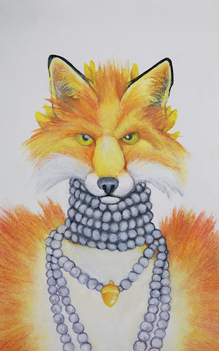 julie viens fox fur pearls necklace gold acorn watercolor pencil