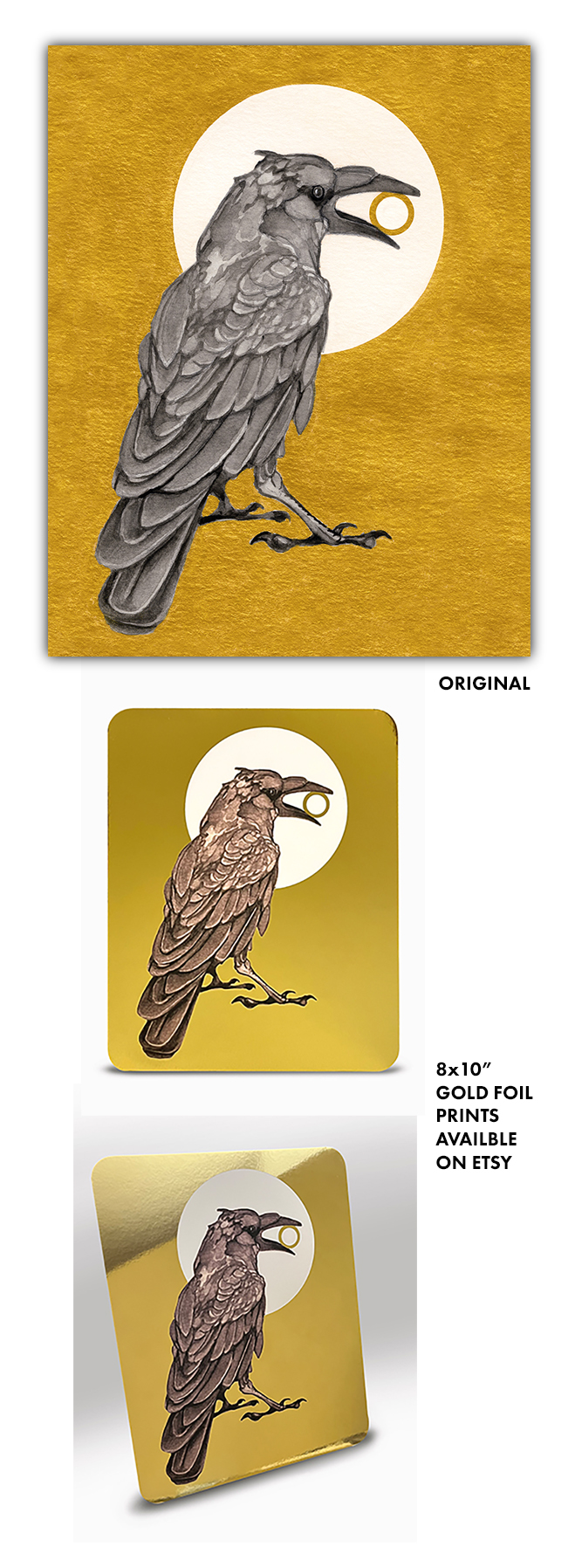 julie viens gouache precious raven crow gold ring foil print