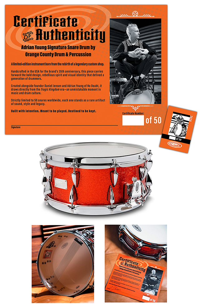 julie viens design ocdp adrian young signature snare certificate of authenticity and sticker